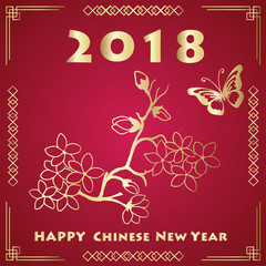 Happy new chinese year card with blossom tree and butterflies.