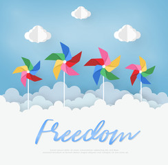 Paper Art  Design with Cloud and pinwheel  on light Blue background . the Concept is freedom or positive thinking ,vector design element illustration