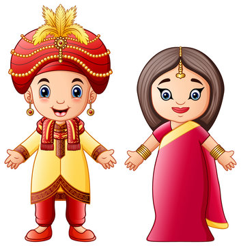 Cartoon indian couple wearing traditional costumes