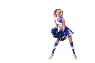 Young cheerleader in blue and white suit with pompoms on white background. Isolated on white background.