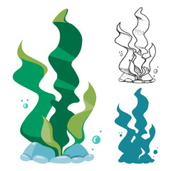 Doodle, silhouette and cartoon seaweeds set