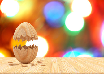 Wooden broken Easter egg with space for text against the background of bright blurry bokeh lights. 3D illustration