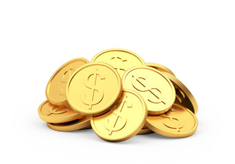 A pile of golden coins with the dollar sign isolated on white. 3D illustration