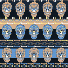 Multicolor seamless pattern. Boho style decorated tribal texture . Skulls and arrows on strips. Vector illustration. EPS10