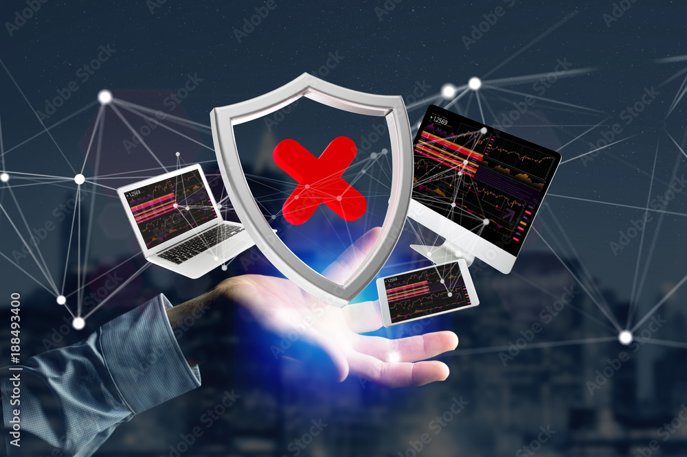 Poster hacked shield symbol surrounded by devices and network displayed on a futuristic interface