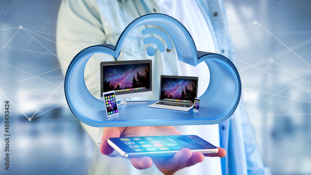 Poster devices like smartphone, tablet or computer displayed in a cloud- 3d render