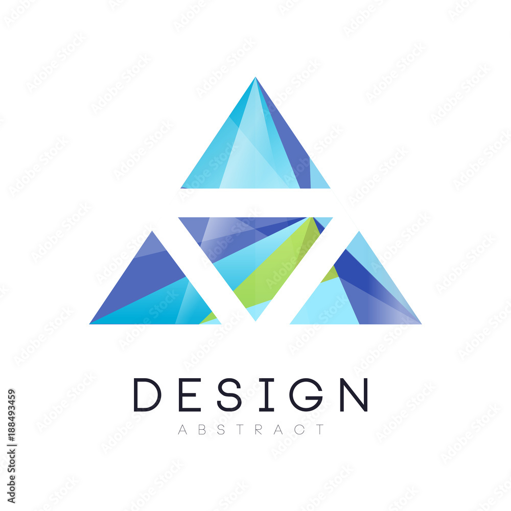 Poster colored logo of triangular crystal. creative emblem in gradient green and blue colors. abstract vect