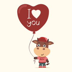 I love you! Funny bulll with balloon heart for Valentine's Day. Greeting card for Valentine's Day.
