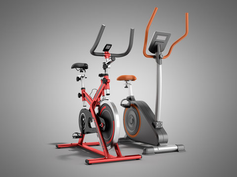 Two modern sport exercise bike yellow purple 3d render on grey background