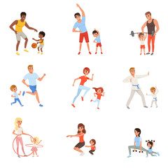 Fototapeta na wymiar Set with parents and their children doing different sport exercises. Family time. Physical activity and healthy lifestyle concept. Colorful flat vector design