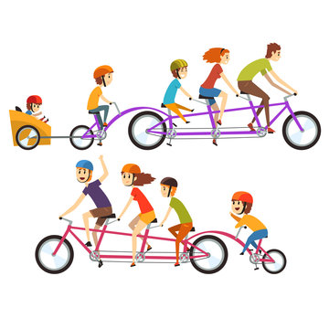 Illustration Of Two Happy Families Riding On Big Tandem Bike. Funny Recreation With Kids. Cartoon People Characters With Smiling Faces Expressions. Flat Vector Design