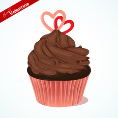 Cupcake with chocolate cream and sugar hearts for Valentines day. Greeting card, background, poster or template for Sweet Valentine. Vector illustration. Holiday Collection.