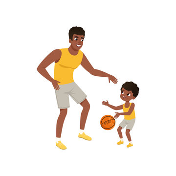 Afro-american father and his little son playing basketball. Fatherhood concept. Happy family. Active lifestyle. Cartoon man and boy in flat style. Colorful vector design