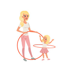 Sporty mother and her cute daughter with hula-hoop. Cartoon mom and child having fun together. Motherhood concept. Active lifestyle. Colorful flat vector design