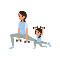 Mother and daughter doing morning exercises with dumbbells. Family sport. Motherhood concept. Physical activity and healthy lifestyle. Cartoon flat vector design