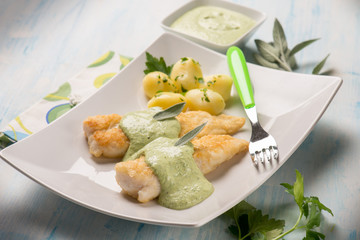 fish fillet with yogurt cream sauce, selective focus