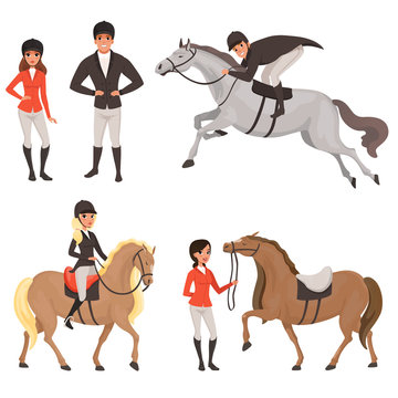 Set of jockeys and horses in different actions. Equestrian sport concept. Cartoon people characters in special uniform with helmet. Colored flat vector design