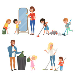 Fototapeta na wymiar Children helping their parents with housework. Sweeping, vacuuming, washing floor, throwing out garbage, cleaning mirror. Cartoon kids characters. Flat vector design