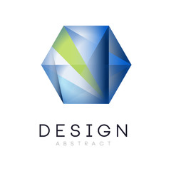 Original logo in form of hexagonal crystal. Geometric icon in gradient blue and green colors. Vector design for company insignia, business card or web site
