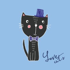Sketch illustration of black cat boy. Love cat. Original character