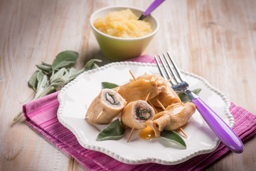stuffed roll ham and sage filled with apple sauce, selective focus
