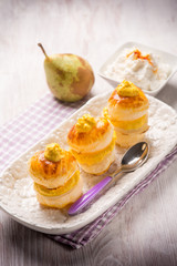 french pastry with pear and ricotta, selective focus