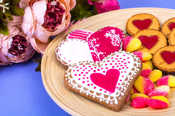 Sweets, gingerbread, lollipops, cookies for Valentine's Day