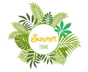 Round tropical frame, template with place for text. Vector illustration, isolated on white background.