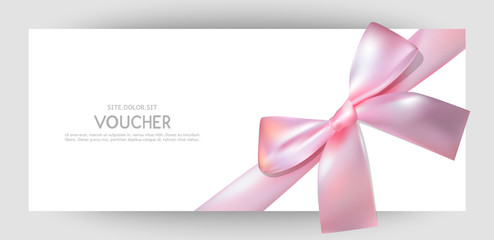 Horizontal gift design background with a pink  bow. Invitation For Valentine's Day, Wedding, Birthday. For a banner, postcards. flyer, label, certificate, company card. Vector.