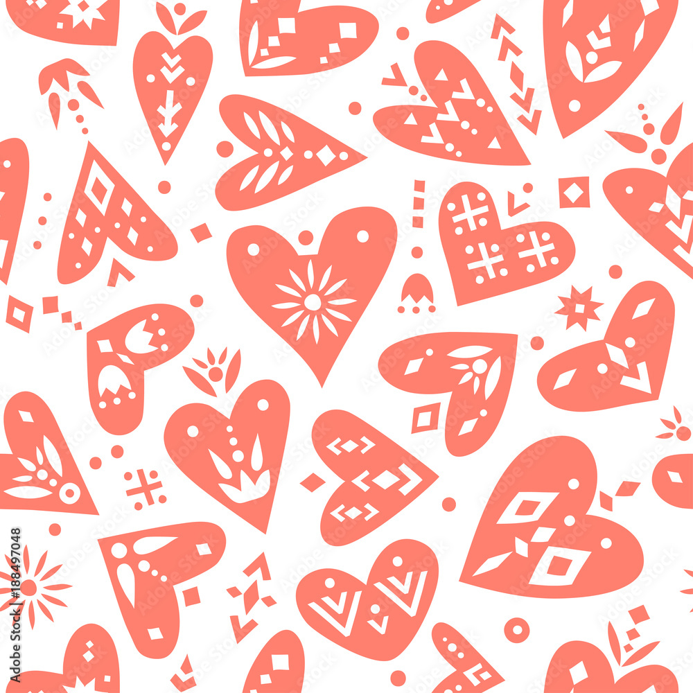 Poster vector seamless pattern of hearts with ornaments in scandinavian style.