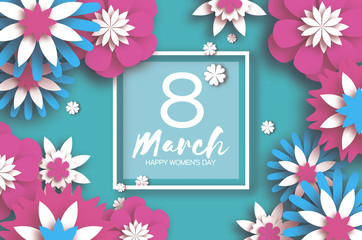 8 March. Happy Women's Mother's Day. Floral Greeting Card. Paper cut Sakura Flowers. Origami flower. Square frame. Eight. Spring blossom on sky blue. Seasonal holiday. Traditional paper decoration.