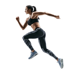 Woman runner in silhouette on white background. Dynamic movement. Side view. Sport and healthy lifestyle - obrazy, fototapety, plakaty