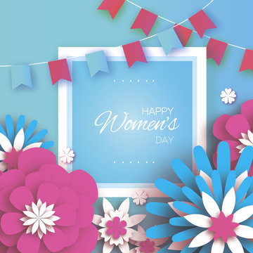 Pink Blue Happy Women's Mother's Day. 8 March. Floral Greeting Card. Paper cut Flowers. Origami flower. Flags.Square frame. Text. Spring blossom.seasonal holiday on blue. Traditional paper decoration.