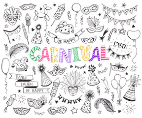 Hand drawn carnival objects set isolated on white background. Masqeurade design elements collection in line art style. Doodle carnival masks, feathers, firecrackers. Mardi grass traditional symbols.