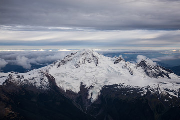 Aerial view of the famous volcano, Mount Baker, that can be seen from Vancouver and Seattle. Located in Washington State.