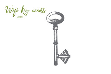 Wi-fi key access concept. Hand drawn key as symbol of password for wi-fi network. Protection of wireless isolated vector illustration.