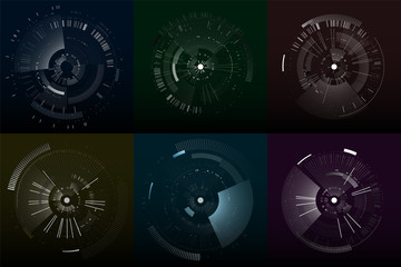 Set of futuristic interface elements. Technology circles. Digital futuristic user interfaces. HUD. Sci fi futuristic templates isolated on black background. Abstract vector illustration