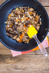 Fried wild mushrooms, onions, carrots