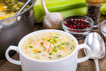 Dishes from fish. Soup with salmon and cream