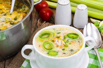 Dishes from fish. Soup with salmon and cream