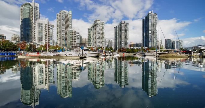 Marina Boats with Building Reflection in Downtown Vancouver