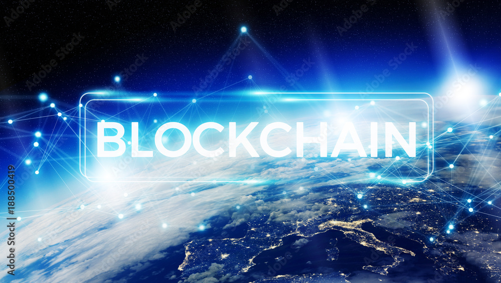 Poster Blockchain on planet Earth 3D rendering
