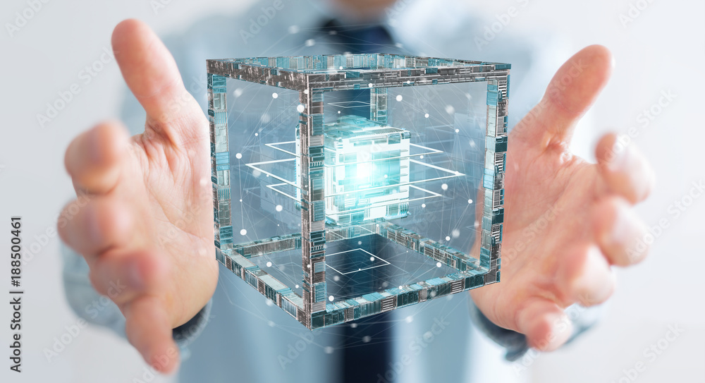 Poster businessman using futuristic cube textured object 3d rendering