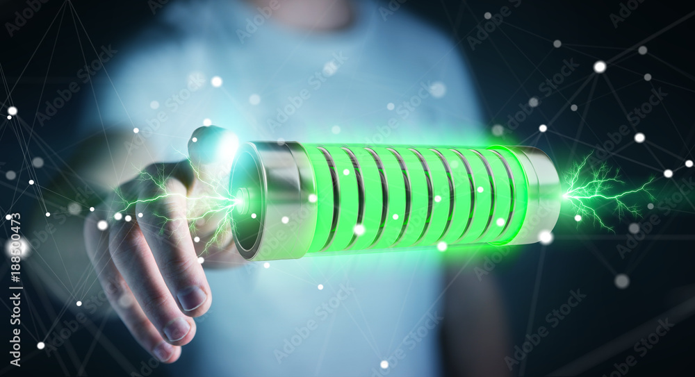 Aufkleber businessman using green battery with lightnings 3d rendering