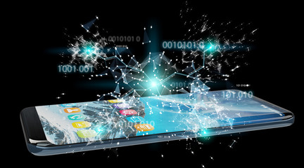 Businessman using digital binary code on mobile phone 3D rendering