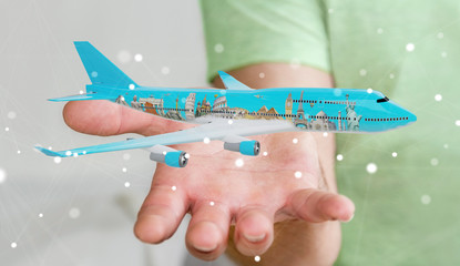 Businessman with plane and famous landmarks of the world 3D rendering