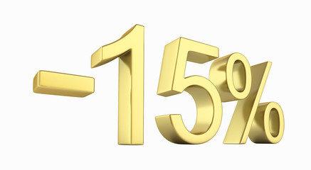 Gold text 15 percent off on white background without shadow 3D render