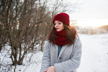 Portrait of gentle girl in gray coat , red hat and scarf near the branches of a snow-covered tree.