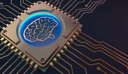 machine learning Brain symbol on circuit board 3d Rendering