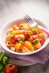 pasta with capsicum and basil, selective focus